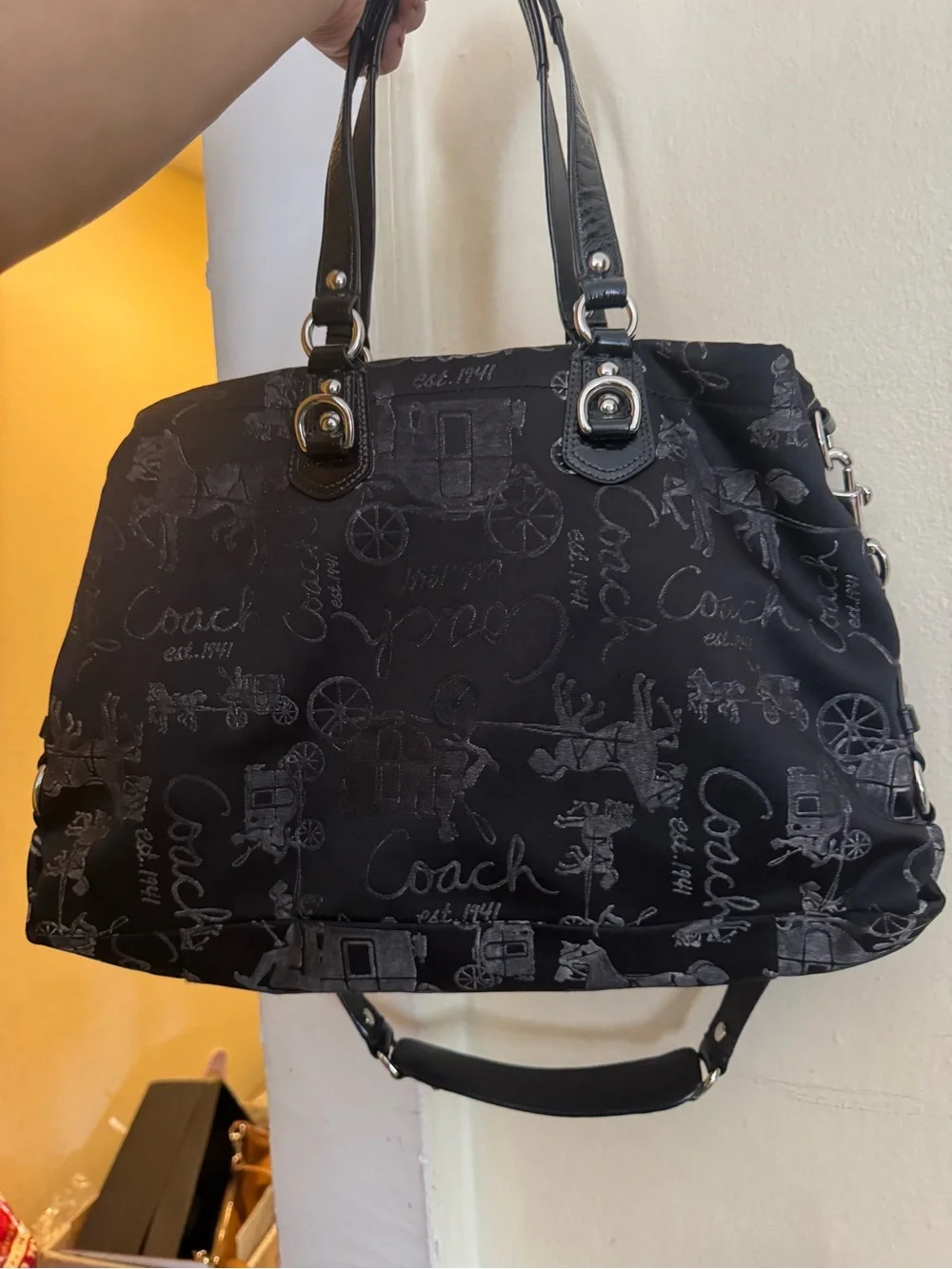 Coach Black Jacquard Signature Shoulder Bag with Top Handles